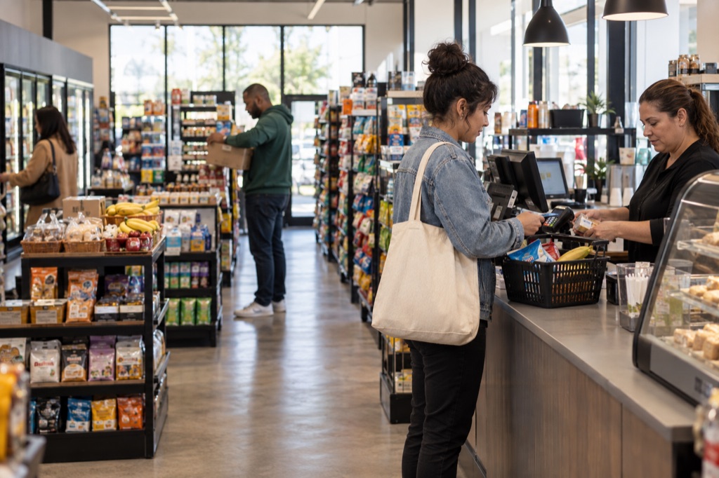 Independent convenience store with active checkout and inventory work.