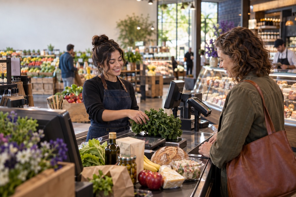 Neighborhood grocery cashier helping a customer with a varied basket.