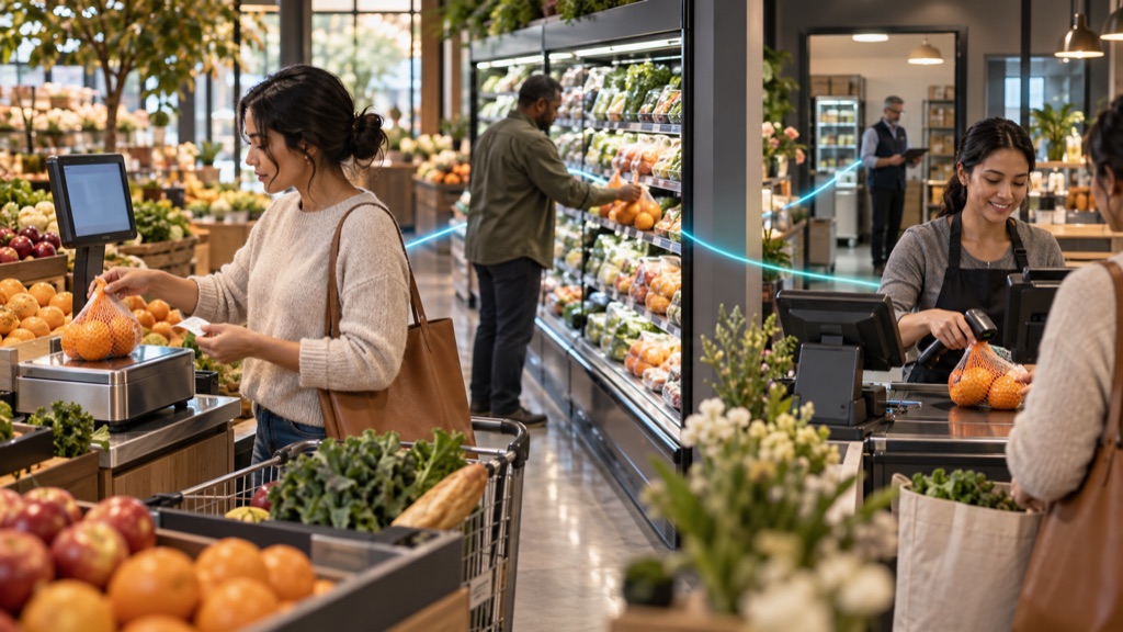 Grocery product moving from weighing and labeling to checkout