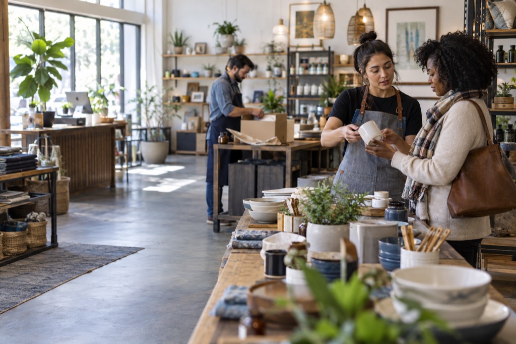 Independent home-goods retailer serving a customer while store work continues nearby.