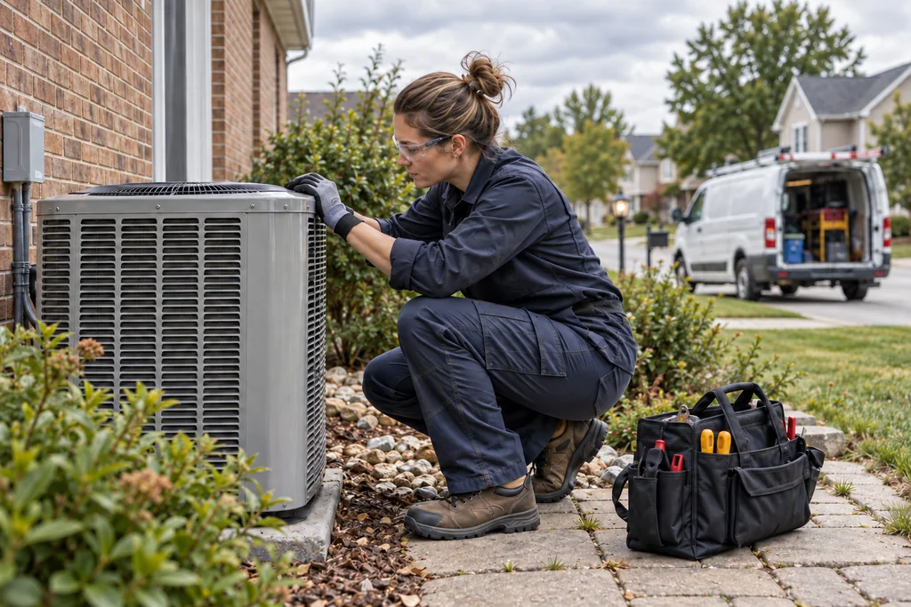 Field-service technician reviewing a job with a homeowner beside installed equipment.