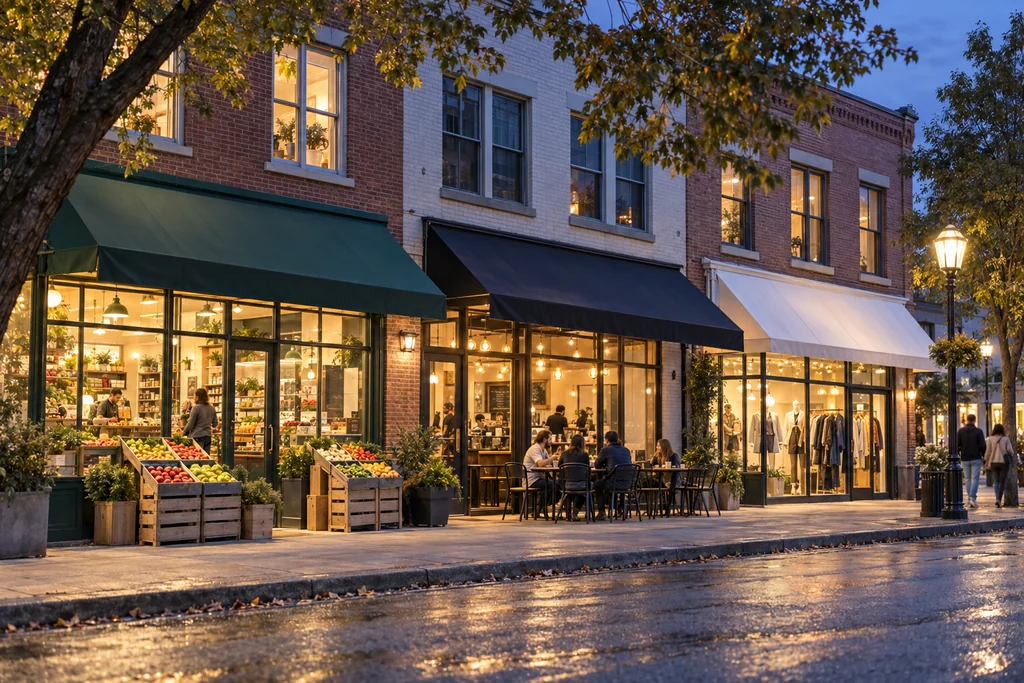 Conceptual streetscape with grocery, café and apparel storefronts at dusk; shared ownership is not established.