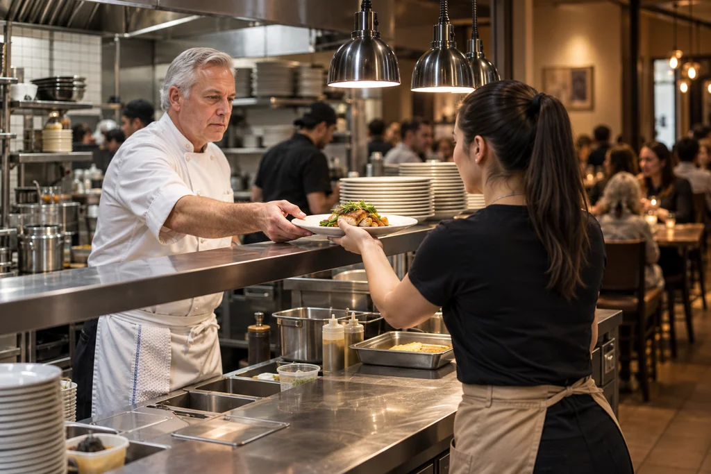 Illustrative chef and server coordinating a plate handoff at a restaurant pass.