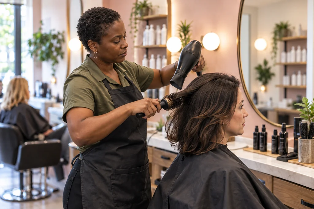 Stylist blow-drying a client's hair in an active independent salon.