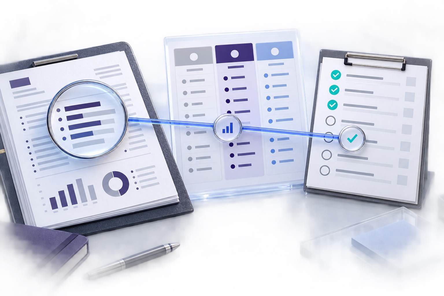 Payment review desk with statements, comparison sheets and a checklist arranged for evaluation.