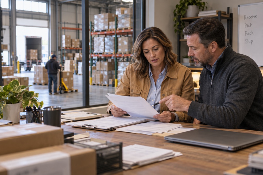 Illustrative distribution-business owners reviewing invoices in a working warehouse office.