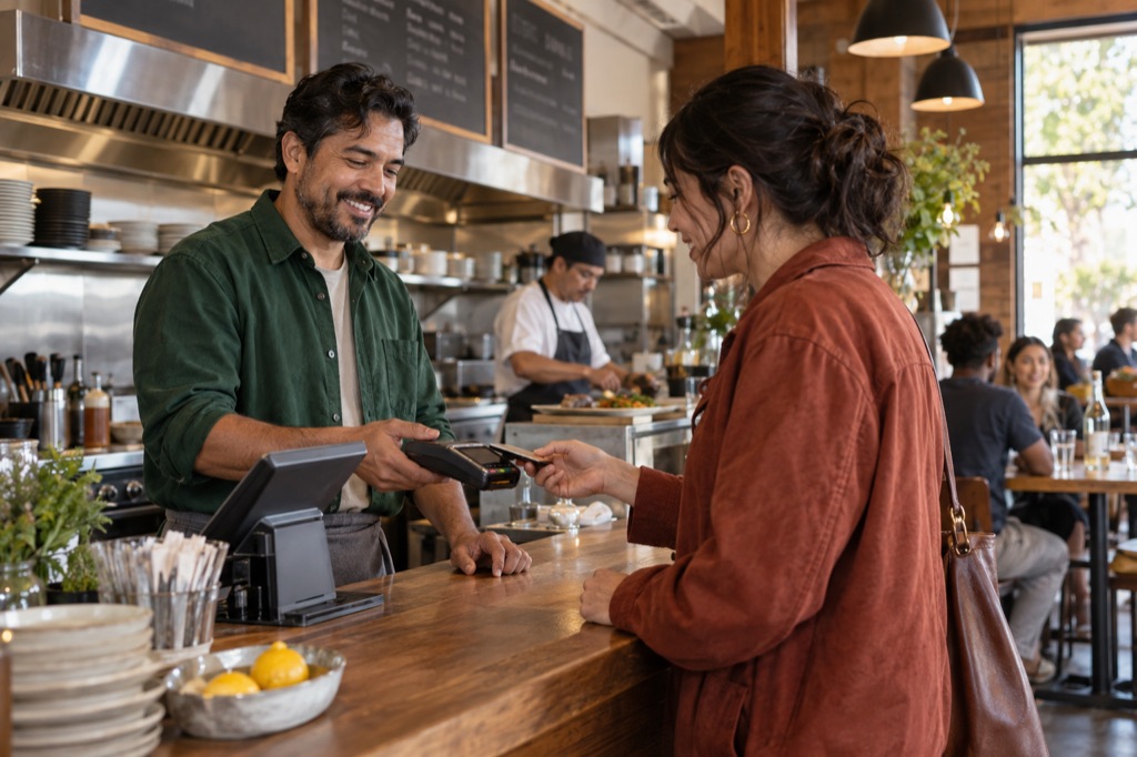 Restaurant employee completing an in-person card payment with a customer at the counter.