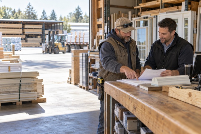 Building-material dealer reviewing a contractor quote.