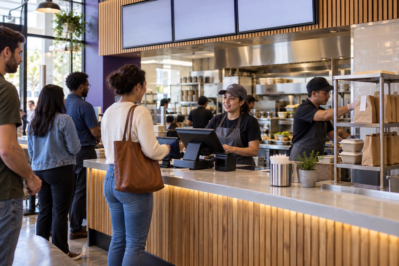 Illustrative fast-casual restaurant with counter ordering, kitchen production and a pickup shelf.