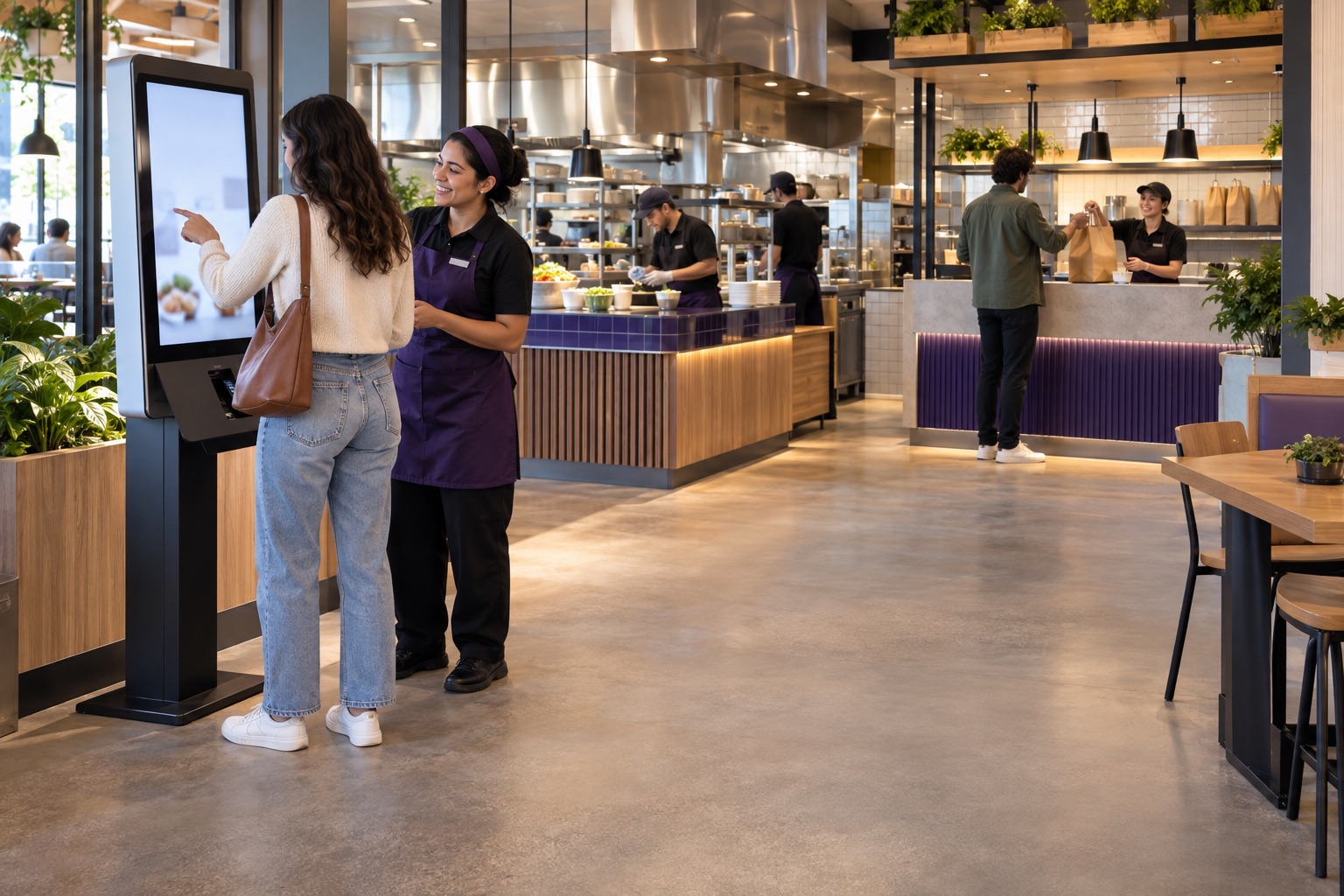 Illustrative fast-casual restaurant with a self-ordering kiosk, staff assistance, visible kitchen production and pickup counter.