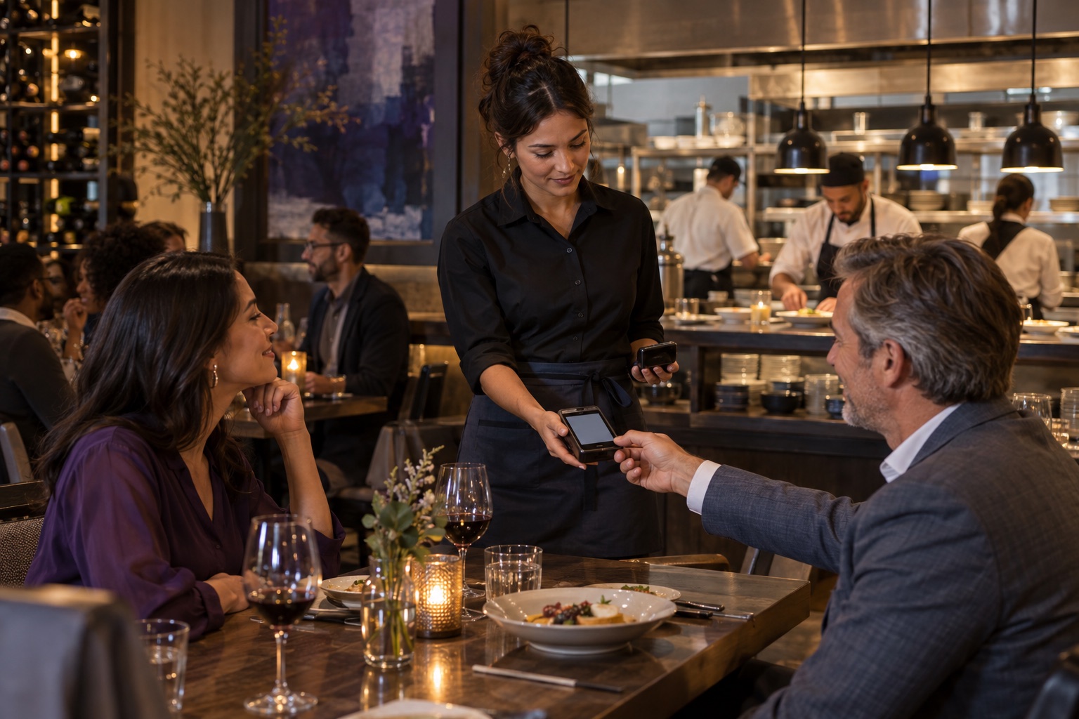 Illustrative table-service restaurant where a server presents a payment device to guests during dinner service.