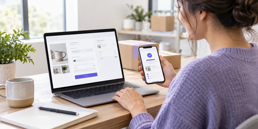 Illustrative ecommerce checkout with a payment confirmation and order records on a small-business desk.
