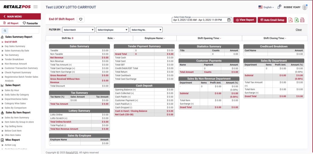 Official RetailzPOS end-of-shift reporting screen